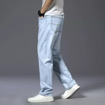 Casual Luz Azul Jeans Confortável e Macio de Alta qualidade de Algodão Stretch Homens Reta Marca de Calças de Verão de Novos Negócios
