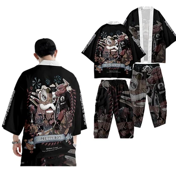 Japonês-Estilo dos Homens Casaquinho de Terno Primavera camada Fina Três-Ponto de Mangas Soltas Nove pontos de Calças masculina Casual Confortável Cardigan
