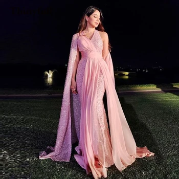 Novo 2022 Cor-De-Rosa Sequiens Brilhantes Vestidos De Baile Vestido De Decote Em V Uma Linha Brilhante Mais Recentes Árabe Dubia Vestido De Noiva Vestido De Noite