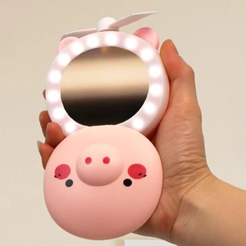 3-em-1 Piggy Bonito Espelho de maquilhagem Fã de Luz LED Recarregável USB Interior