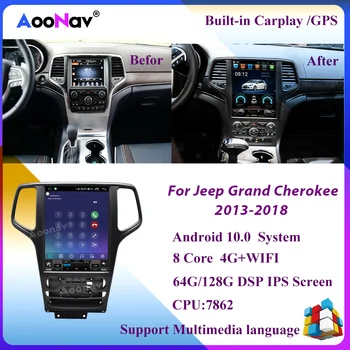 rádio do carro para jeep grand cherokee 2012 2013 2014 2015 2016 2017-2020 android auto leitor de vídeo, gps de navegação vertical de tela