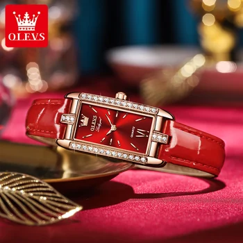 OLEVS Moda Diamante das Mulheres Relógios de Luxo Impermeável de Couro Vermelho Relógio de Quartzo Para Mulheres de Vestido Casual Ladies Watch Regardez
