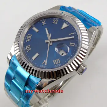 40MM parnis mostrador azul numeral Romano movimento automático mens watch 333