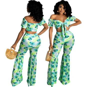 O verde a Moda do Emagrecimento de Mulher roupa de Duas peças com decote em V Manga Curta Curativo Envolto Peito Tops de Cintura Alta Bainha de Calças Flare 2pc Conjunto