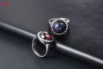 Retro, moderno, alguns modelos de azul brilhante de arenito vermelho da romã anel de prata esterlina