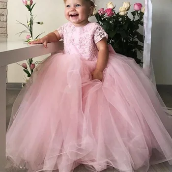 Bebê Rosa Flor Menina Vestidos Concurso Casamento, Primeira Comunhão Vestidos De Decote Jóia Mangas Curtas Lace Vestido De Festa De Crianças