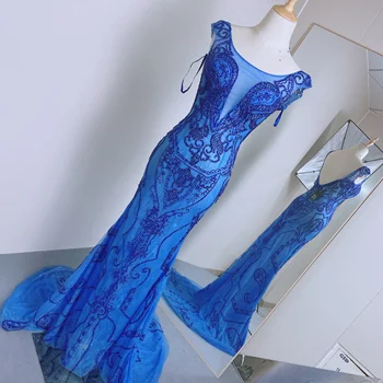 Elegante Royer Azul Sereia Vestidos de Noite Longos Cristais Frisado Formal Menina do Baile de vestes de soirée