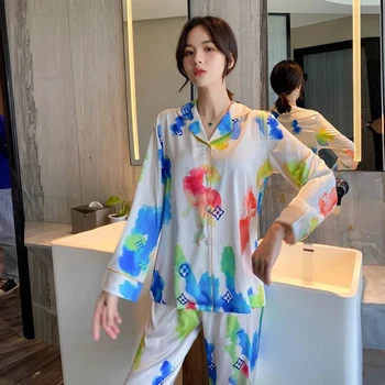 7911-3Korean versão pijama mulheres de manga comprida, fina moda a imitação de seda, terno de tamanho grande desgaste exterior sexy casa roupas