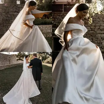 Off Ombro de Cetim A Linha de Vestido de Noiva Plus Size País Vestidos de Noiva 2020 Elegante vestido de noiva