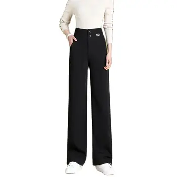 Estilo coreano de cintura alta wide-leg calças para mulheres casuais prolongado reta calça preta para a primavera outono 210191