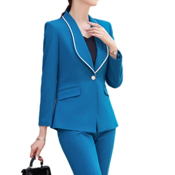 Lenshin 2 peças de Patchwork Azul fato para as Mulheres do Escritório de Negócios de Senhora, vestuário de Trabalho Formal Sólida Blazer com Calças
