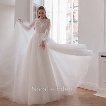 Nicolle Eden Puffy Gracioso Vestido De Noiva Longo Puff Manga Apliques De Renda Arábia Saudita Celebridade Personalizável Robe De Mariée