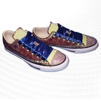 Calçados de baixo-superior sapatos de lona artesanal personalizada strass costura de lantejoulas azul fita de caminhada confortáveis 35-41
