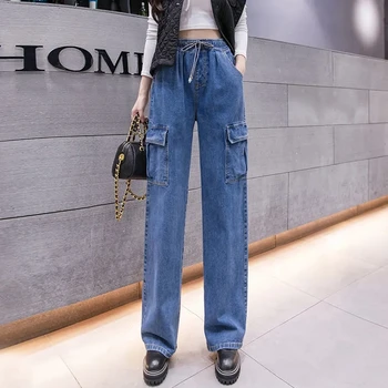 Mulheres de calça Jeans Casual Cintura Alta Bolso Folgado Reta Calça Feminina Jeans Calças coreano Moda Streetwear Y2k Roupas 6XL