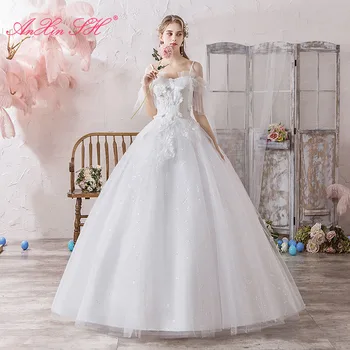 AnXin SH princesa branca flor rosa lace vestido de noiva de moda de alcinhas babados manga noiva bola vestido de casamento vestido
