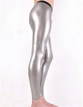 Moda Prata Látex Calças com Destacável Virilha Pedaço Frente Sexy de Borracha Calças para Homens