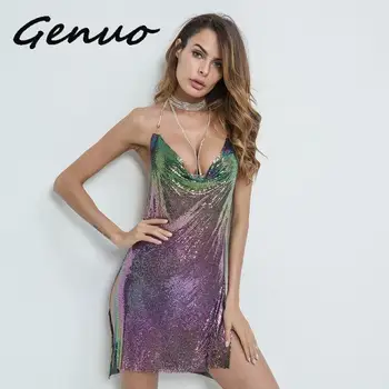 Genuo halter Sexy mini vestidos de mulher de uma noite de festa Verão Sexy clube brilho Profundo Decote em V sem encosto de Metal Praia vestido de mulher 2019