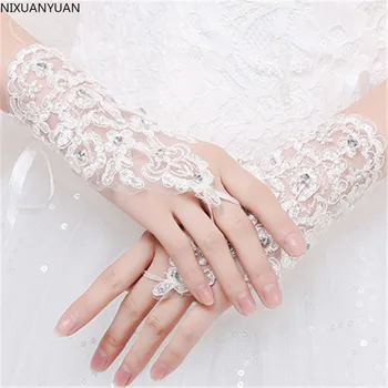 Mulheres Sem Dedos De Noiva, Luvas Elegante Curto Parágrafo Strass Laço Branco Luva De Acessórios Do Casamento