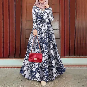 Nova Cruz-Fronteira Muçulmana Retro Impresso Solta Pulôver Vestido de vestidos Longos para as mulheres Abaya