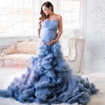 Designer de Maternidade Vestido para Photoshooting Sexy Grávidas Vestidos de Alças com Babados em Camadas Puffy manto de Noite, Vestido de Noiva Vestes