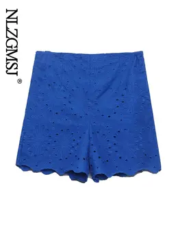 Nlzgmsj ZBZA Verão Shorts Mulheres 2022 Ocos de Cintura Alta Azul Shorts Mulheres Chiques Senhoras Vintage Mini Shorts 202203