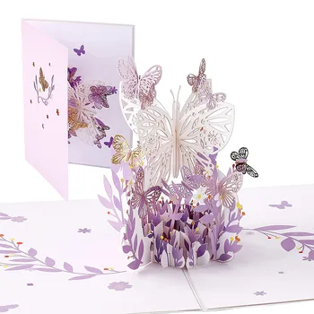 Purple Butterfly Aniversário pop-up Card, Borboleta Cesta de Flores 3D Cartões para as Mulheres, a Menina Filha, o Dia das Mães