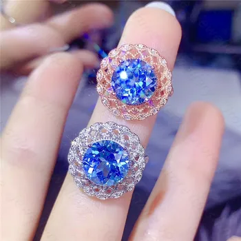Natural topázio azul anel de prata 925 senhoras anel de luxo de estilo