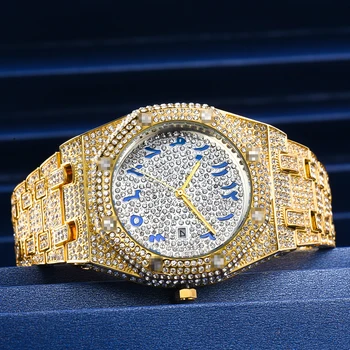 MISSFOX relógios Para Homens Auto Data de Diamante de Aço Inoxidável, Impermeável Masculino Quartzo Reloj de Moda de Luxo Ouro 18k dos Homens Relógios de Pulso