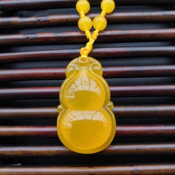 Bela Natureza Amarelo Pendente Da Ágata Mão Esculpida Sorte Cabaça Amuleto Ornamento De Calcedônia Talismã Com Contas De Colar De Bom