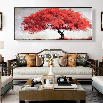 Vermelho árvore paisagem florestal 100% Pintado à Mão feitos à mão Textrued Pintura de Casa para a Sala de Resumo Escandinavos Parede