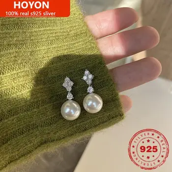 HOYON prata 925 real 100% micro-embutidos zircão brincos de pérolas para as mulheres de alto senso de design nicho de brincos de presente da jóia