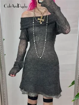 Cuteandpsycho Vintage Barra De Malha Com Decote Em Mini Vestidos Sólido Fairycore Retro Off Ombro Bonito Vestuário Gótico Estética Vestido