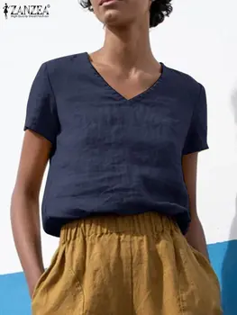 ZANZEA Femme Moda Casual Tops de Verão as Mulheres Blusa de Manga Curta de Cor Sólida V-Pescoço Camisa Vintage de Trabalho de grandes dimensões Blusas 2022