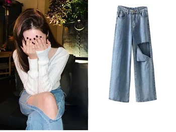 Kpop Jennie Coreano Luz Azul Vintage Denim, Calças De Mulheres 2023 Verão Solto Cintura Alta Jeans Reta De Perna Larga Buraco Hollow Jeans