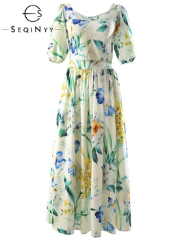SEQINYY Sicília Vestido de Verão, Primavera Novo Design de Moda as Mulheres Pista Crop Top Elástica + A-Linha Saia Longa de Flores Vintage de Impressão