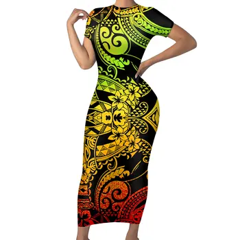Preço de atacado Personalizado Vestido das Mulheres Polinésia Tribal Marrom de Fundo Com Plumeria Senhoras Verão Apertado Novo Vestido de Design