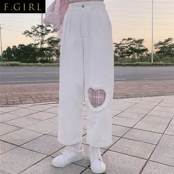 F MENINAS Doces Calças de Veludo cotelê Mulheres Japonês Perna Reta Casual Calças de Harajuku Bonito de grandes dimensões de Largura da perna Cortada Calças S-2XL