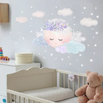 Criativo rosto sorridente de nuvens, estrelas de papel de parede quarto infantil decoração de parede, adesivos auto-adesivo atacado adesivos de parede