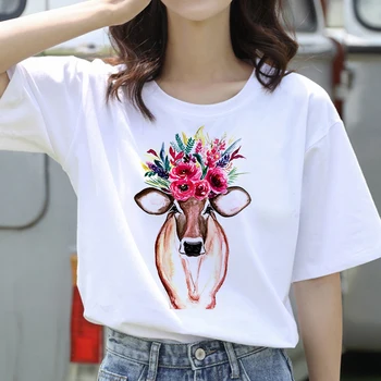 90 T-Shirt Mulher Manga Curta de Verão de Moda Casual Flores de Impressão Tees Feminino Tops Roupa Bonito Branca Camiseta para Meninas Senhora