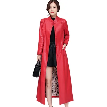 Marca Nova moda em comprimento femininos de Couro PU Casaco Preto Vermelho Senhora Blusão Impermeáveis Feminino Roupas da moda Primavera Outono