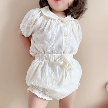 Estilo coreano de Verão Bebê Meninas Conjuntos de Vestuário de Algodão de Manga Curta, Bordado da Camisa+PP Shorts de Criança Roupas de Meninas Terno