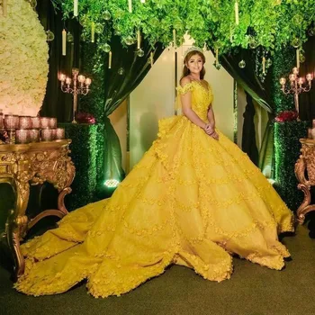 Bola de Vestido Amarelo 3D Apliques Florais Vestidos de Quinceanera 2020 Off Ombro Arábia árabe Vestidos De Sweet 16 Meninas Vestidos de Baile