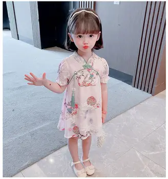 Roupas de verão Menina Bebê Vestido de Estilo Chinês, Cheongsam Menina de Vestido de Chiffon Nova Garota manga Curta Vestido Hanfu