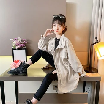 Adolescente coreano Meninas Primavera Blusão de Moda Longo do Zíper Casaquinho com Capuz Outwear Roupas infantis 3-12Yrs Meninas Casaco de Trincheira