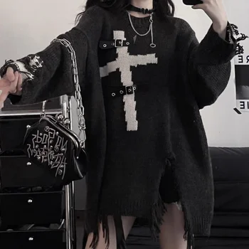HOUZHOU Harajuku Fashion Camisola Mulheres Gótico Punk de Couro, Botão de Retalhos Desfiado Solta Suéter de Malha de Streetwear Grunge Pulôver