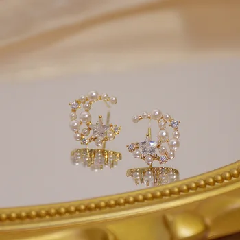 Novo S925 Agulha de Prata Moon Pearl Zircão Estrela Diamante Espumante 14k Ouro Real Requintado Brincos Para Senhoras Jóias