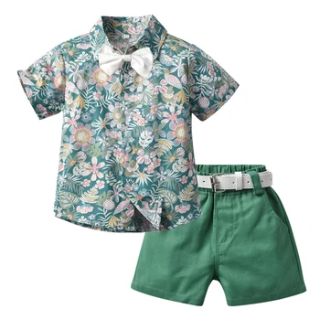 De 1 a 6 Anos Crianças de Flor de Roupas de Moda Meninos da Criança Roupa 2021 Verão Curto Impresso Camisa Verde, Calça 2 PCS Terno