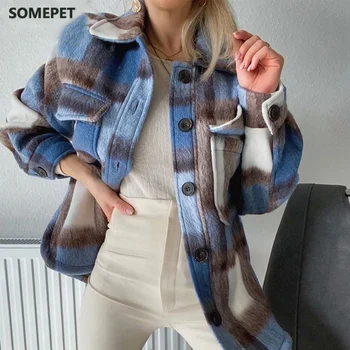 Nova moda das mulheres de camisa xadrez jaqueta vintage escovado casaco de peles soltas oversize jaqueta de roupas de mulheres 2021
