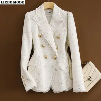 Das mulheres do Vintage, Blazer de Tweed Senhoras Elegantes Double Breasted paletó para as Mulheres de Outono Inverno Feminino Preto Branco Outerwear