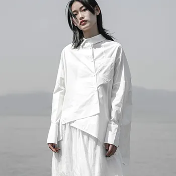 Lapela De Manga Longa Branca Solta 2022 Moda Sólido Outono Inverno Tops Fêmea De Grande Porte Irregular Camisa Solta Mulheres Blusa D999